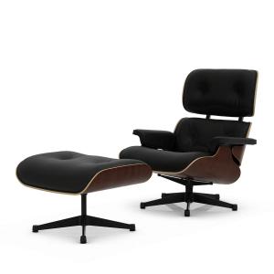Vitra - Lounge Chair & Ottoman, noir, noyer foncé, cuir Pre…