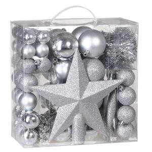 Lot de 77 boules et décorations de Noël argent pour sapin