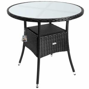 Table en polyrotin Ø80cm noire ronde plateau en verre