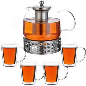 Théière 1,5 L avec réchaud filtre en acier inox 4 verres