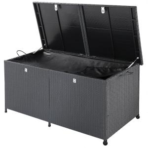 Coffre de jardin noir 150x77x73cm en polyrotin 2 roues