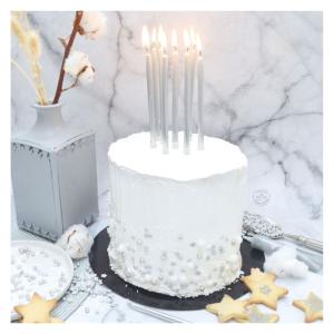 12 bougies longues argentées - 12cm