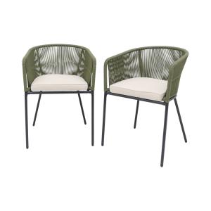 2 fauteuils de jardin, corde kaki, coussins beige