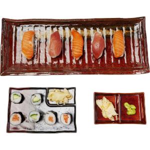 3 plats à sushi en faïence rouge et grise