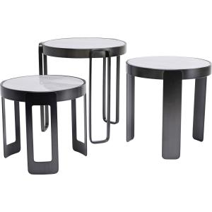 3 tables basses en verre effet marbre blanc et acier noir