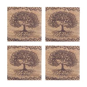 4 sous-verres arbre de vie en bois sculpté 10 cm