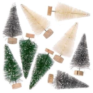 9 petits sapins de Noël décoratifs vert-gris-blanc 7cm