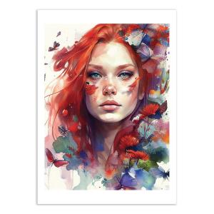 Affiche 50x70 cm - Watercolor floral red hair woman - Chrom…