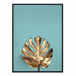 Affiche avec cadre noir - Feuille d'Or Fond Bleu - 30x40