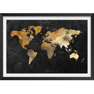 Affiche carte du monde dorée avec cadre noir 60x40 cm