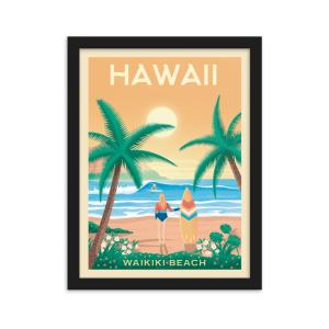 Affiche Hawaii Waikiki Beach   Cadre Bois noir 30x40 cm