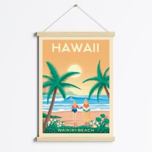 Affiche Hawaii Waikiki Beach   Cadre Magnétique (Bois) 50x7…