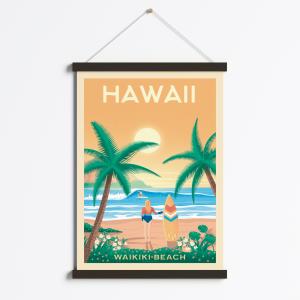 Affiche Hawaii Waikiki Beach   Cadre Magnétique (Bois Noir)…
