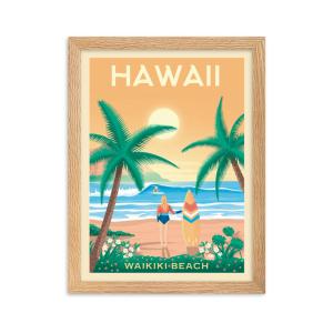Affiche Hawaii Waikiki Beach Etats-Unis avec Cadre (Bois) 3…