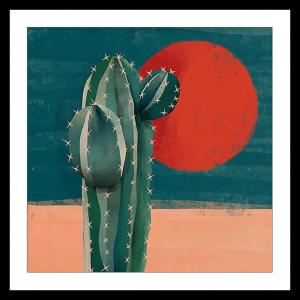 Affiche illustration cactus et soleil rouge avec cadre noir…
