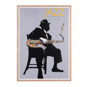 Affiche jazz multicolore sous verre et cadre en bois de chê…