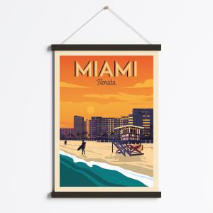 Affiche Miami Beach Etats-Unis   Cadre Magnétique (Bois Noi…