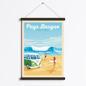 Affiche Pays Basque - Surf   Cadre Magnétique (Bois Noir) 5…