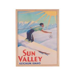 Affiche ski multicolore sous verre et cadre en bois de chên…