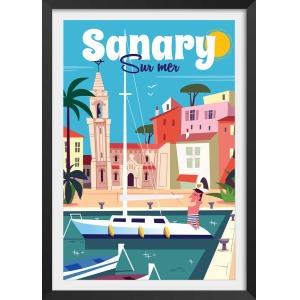 Affiche vacances à Sanary avec cadre noir 30x45 cm