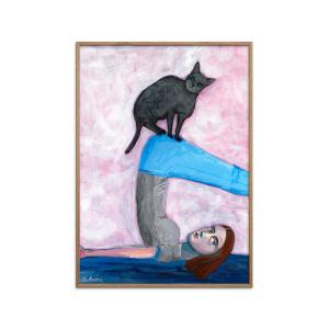 Affiche Yoga with my cat" Cadre en Chêne - 70x100 cm"