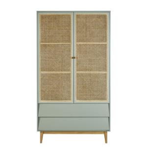Armoire 2 portes 2 tiroirs bleu gris cannage en rotin L105