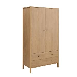 Armoire 2 portes 2 tiroirs effet bois poignées noires