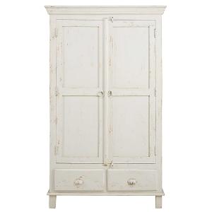 Armoire 2 portes 2 tiroirs en manguier blanc patiné L108