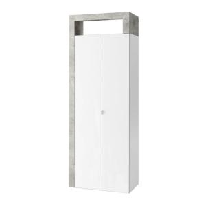 Armoire  2 portes 5 étagères blanc laqué et aspect béton
