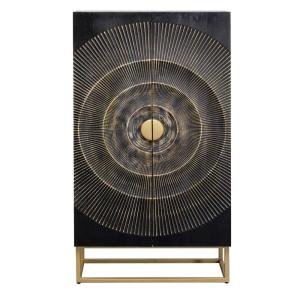 Armoire 2 portes en manguier noir sculpté et acier doré