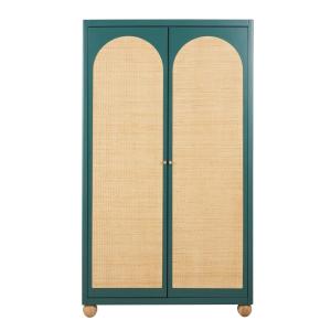Armoire 2 portes vert foncé et rotin tressé L105