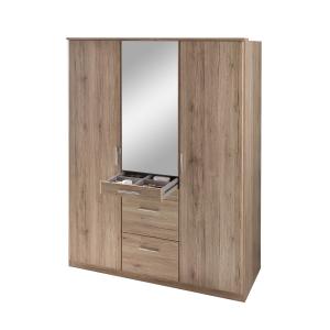 Armoire 3 portes dont 1 miroir, 4 tiroirs - L135 cm - Marron