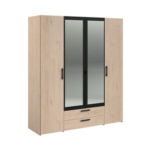 Armoire 4 portes 2 miroirs 2 tiroirs effet bois et noir