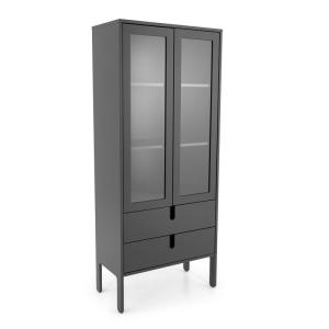 Armoire double portes vitrées et tiroirs gris