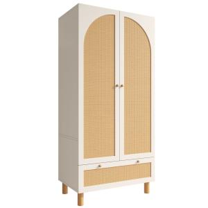Armoire en bois blanc et rotin naturel avec tiroir