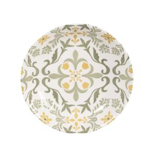 Assiette creuse en céramique blanche motif ocre et vert