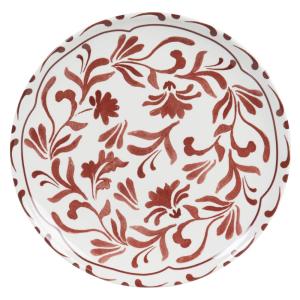 Assiette plate en céramique blanche motif floral bordeaux