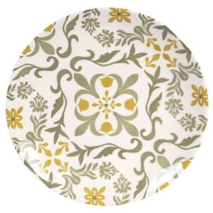 Assiette plate en céramique blanche motif ocre et vert