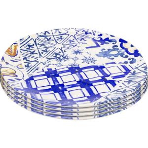 Assiette plate en céramique bleue et blanche D26 - Lot de 4