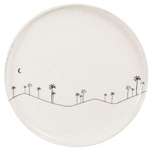 Assiette plate en grès beige motifs palmiers noirs