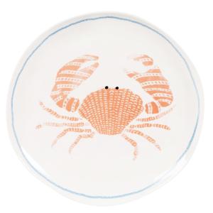 Assiette plate en grès modelé blanc motif crabe orange