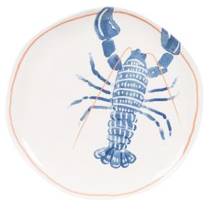 Assiette plate en grès modelé blanc motif homard bleu