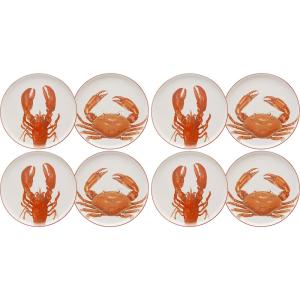 Assiette plate homard et crabe en grès D27 - Lot de 8