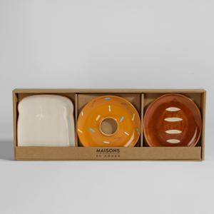Assiettes brunch en grès blanc, marron et beige (x3)