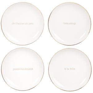 Assiettes en céramique blanche inscriptions dorées (x4)