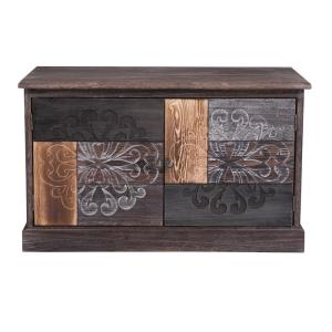 Banc 2 portes en bois, brun/gris, gravures ethniques