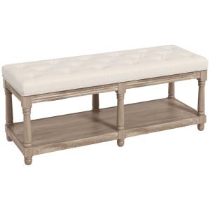 Banc à chaussures capitonnée étagère bois sculpté tissu bei…