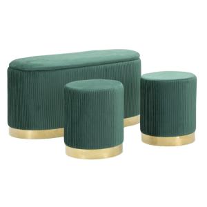 Banc avec rangement et pouf en polyester vert et métal doré…