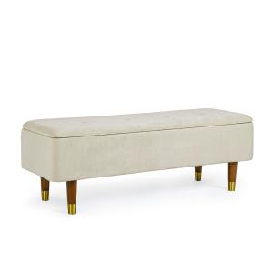 Banc coffre 2 places en velours et piétement en bois beige