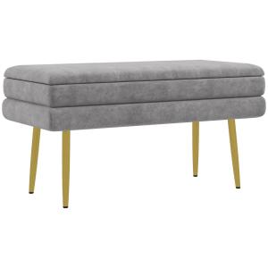 Banc de rangement 2 en 1 aspect velours acier beige doré